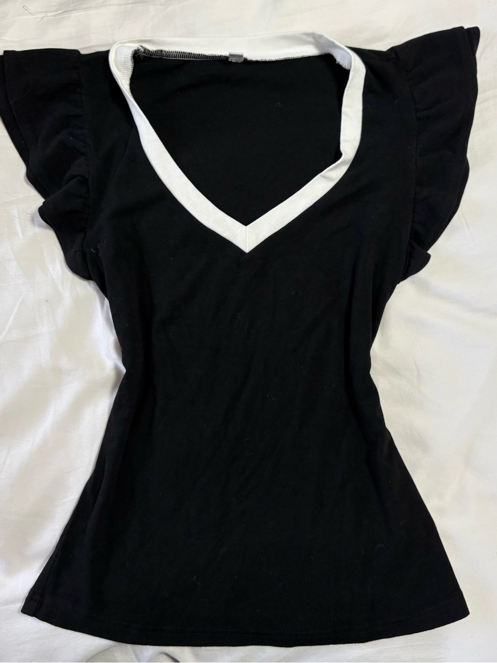 Black Women's V-Neck Flutter Sleeve Top with White Trim